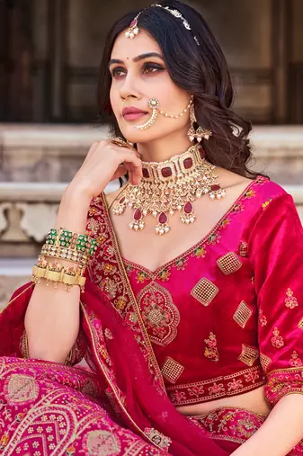 Rani Pink Embroidered Velvet Lehenga Choli