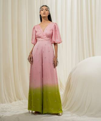 Light pink & parrot green overlap jumpsuit 1