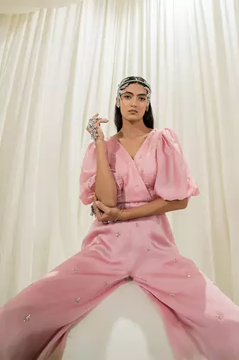 Light pink & parrot green overlap jumpsuit
