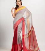 White & Red cotton blend half and half handloom saree
