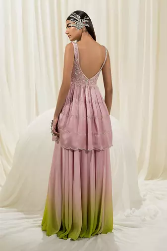 Pink & parrot green sharara set