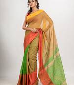 Muga & Light Green cotton blend half and half handloom saree