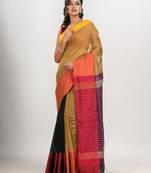 Mustard & Black cotton blend half and half handloom saree