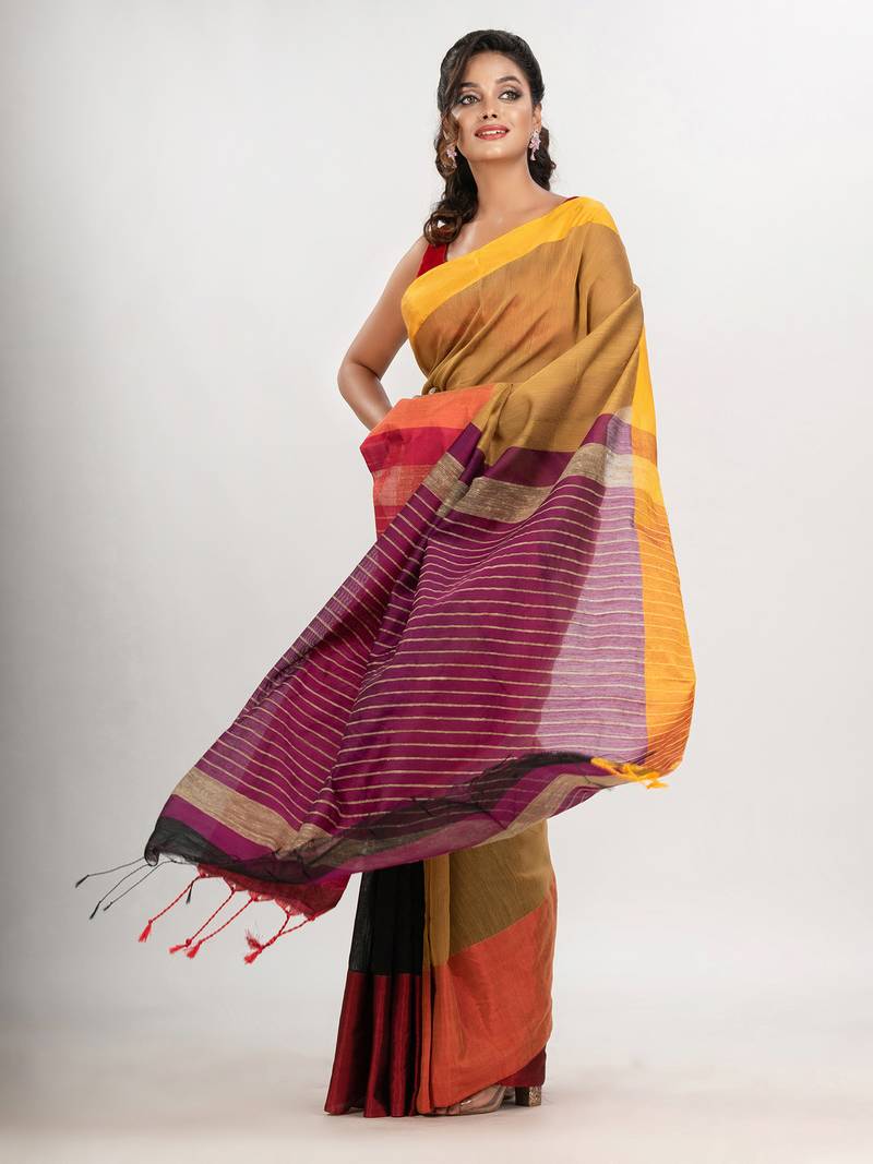 Mustard & Black cotton blend half and half handloom saree