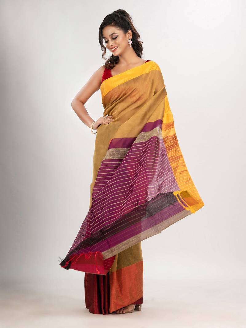 Mustard & Black cotton blend half and half handloom saree