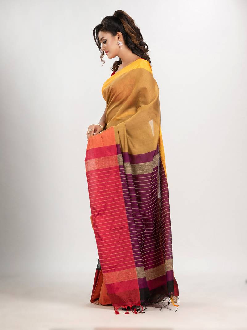 Mustard & Black cotton blend half and half handloom saree