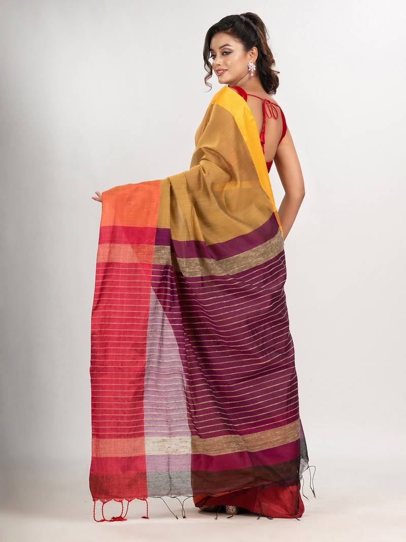 Mustard & Black cotton blend half and half handloom saree