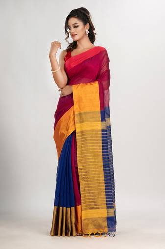 Rani & Blue cotton blend half and half handloom saree
