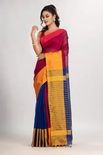 Rani & Blue cotton blend half and half handloom saree