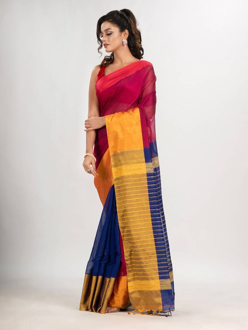 Rani & Blue cotton blend half and half handloom saree