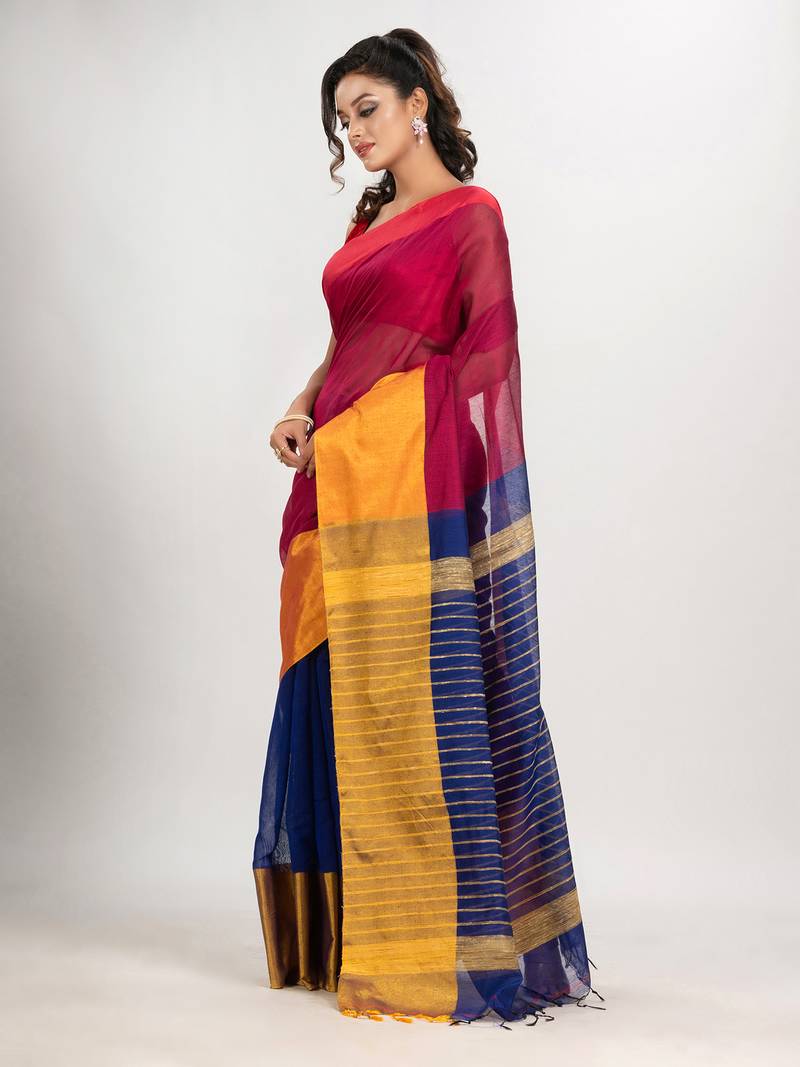 Rani & Blue cotton blend half and half handloom saree