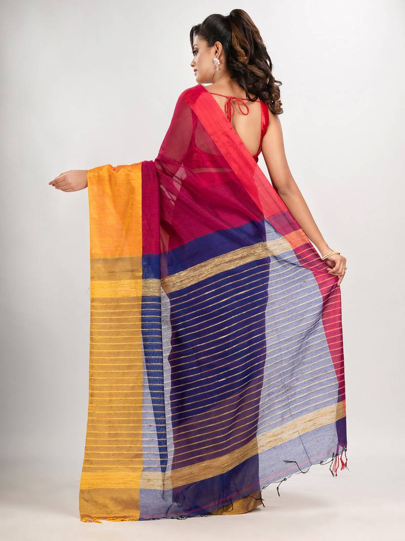 Rani & Blue cotton blend half and half handloom saree