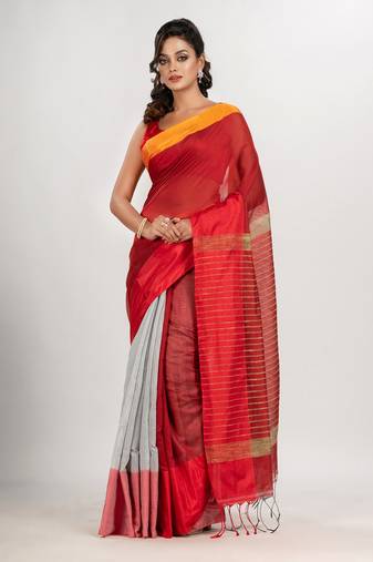 Red & White cotton blend half and half handloom saree