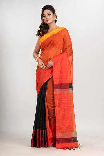 Orange & Black cotton blend half and half handloom saree