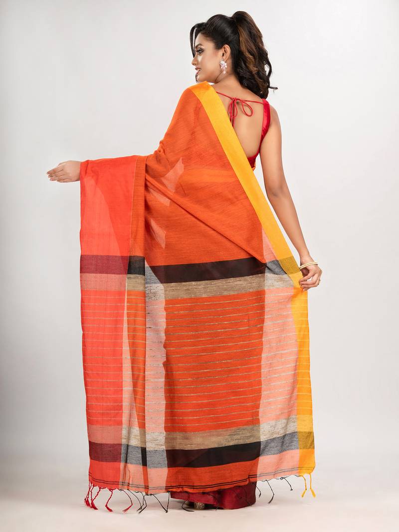 Orange & Black cotton blend half and half handloom saree