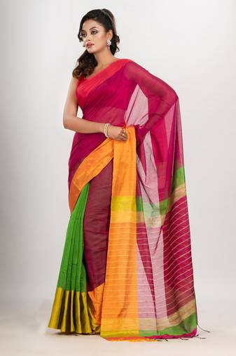 Cerise Pink & Green cotton blend half and half handloom saree