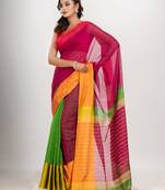 Cerise Pink & Green cotton blend half and half handloom saree