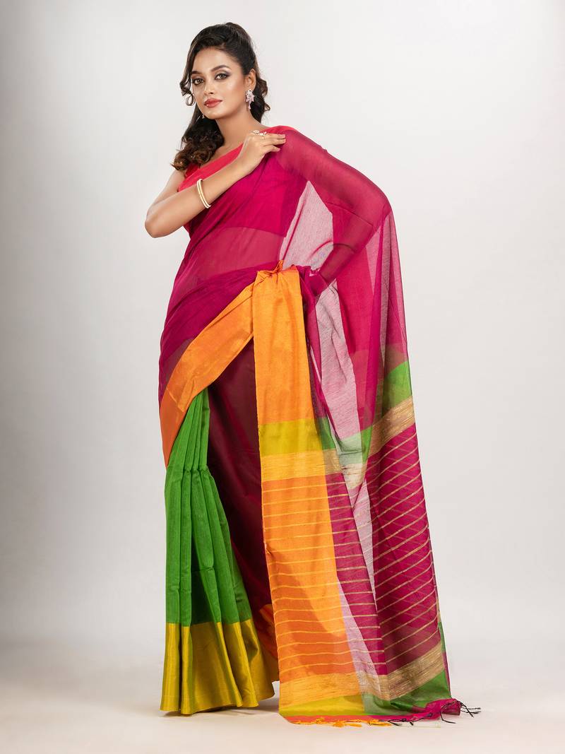 Cerise Pink & Green cotton blend half and half handloom saree