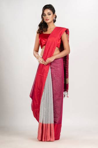 Cerise Pink & White cotton blend half and half handloom saree