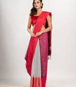 Cerise Pink & White cotton blend half and half handloom saree