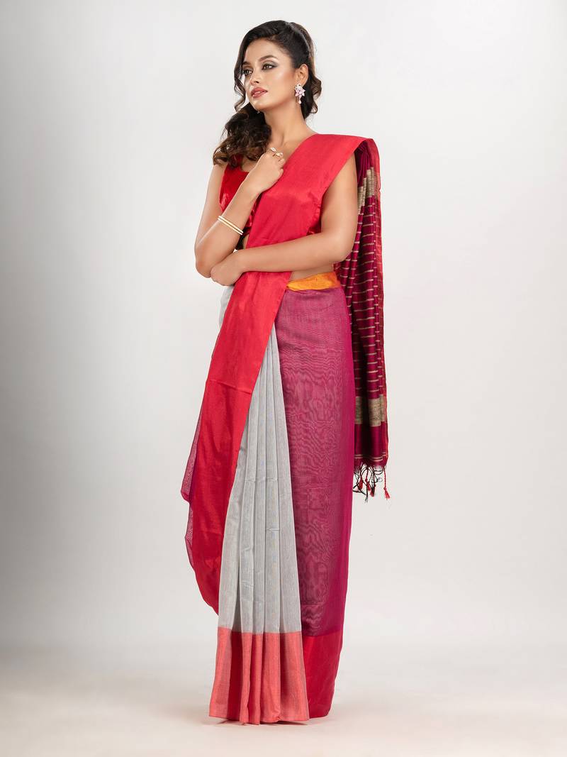 Cerise Pink & White cotton blend half and half handloom saree