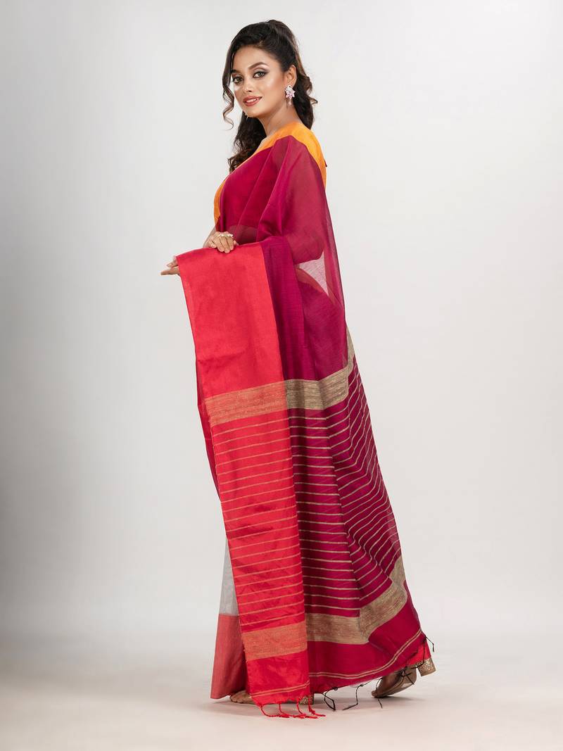 Cerise Pink & White cotton blend half and half handloom saree