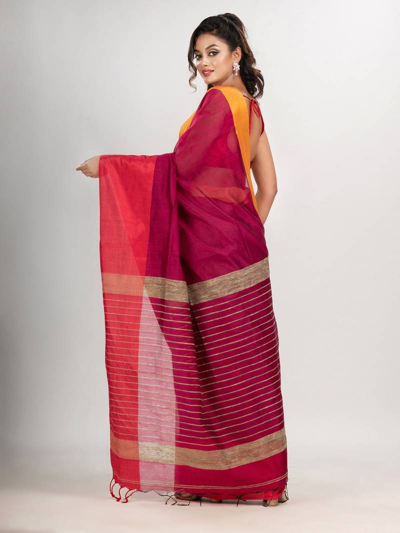 Cerise Pink & White cotton blend half and half handloom saree