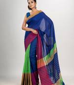 Blue & Green cotton blend half and half handloom saree