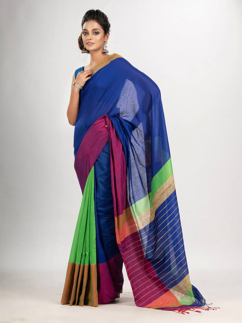 Blue & Green cotton blend half and half handloom saree