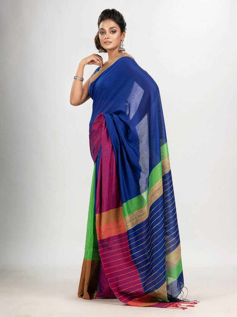Blue & Green cotton blend half and half handloom saree