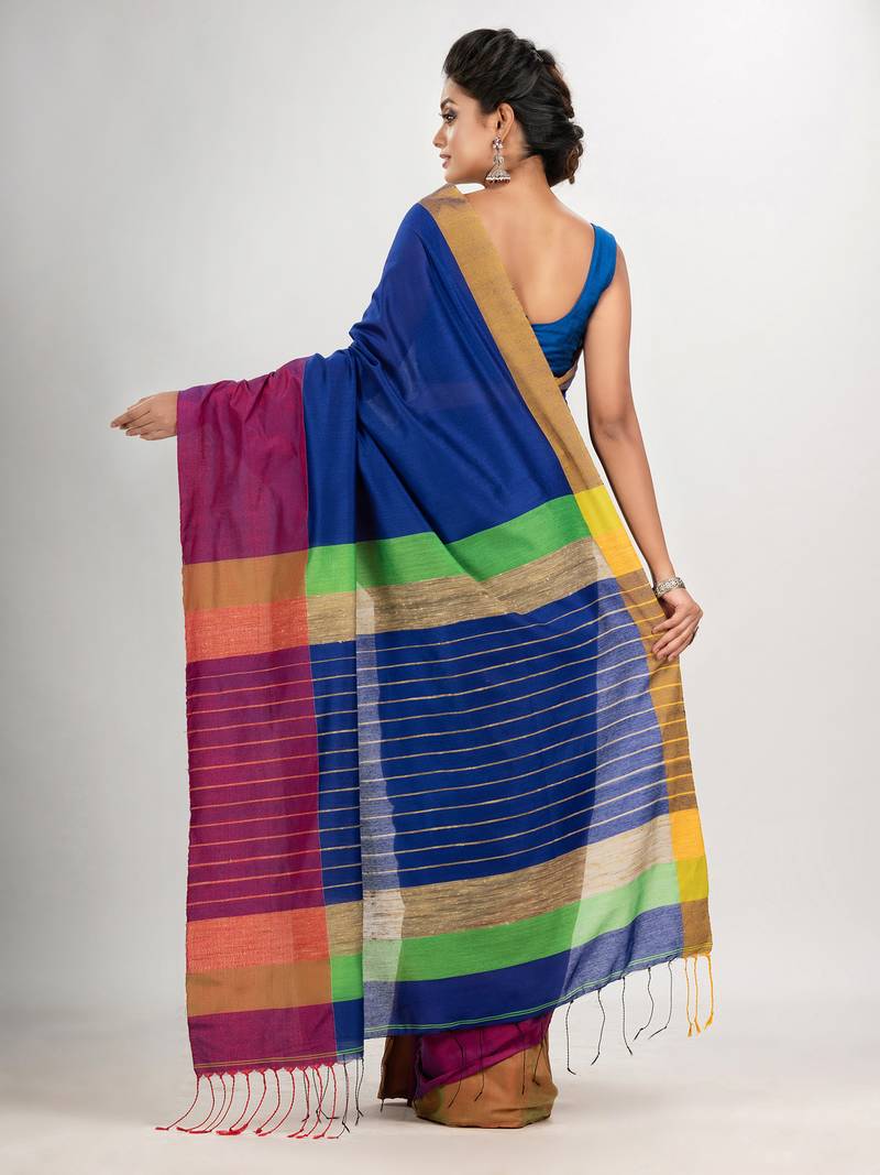 Blue & Green cotton blend half and half handloom saree