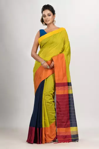 Yellow green & Nevy blue cotton blend half and half handloom saree