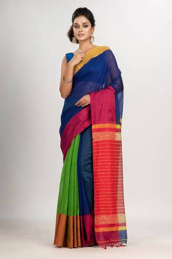 Blue & Green cotton blend half and half handloom saree