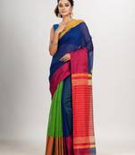 Blue & Green cotton blend half and half handloom saree