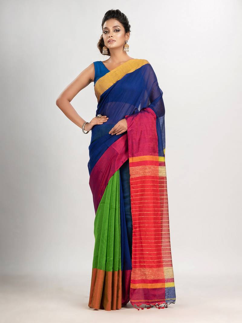 Blue & Green cotton blend half and half handloom saree
