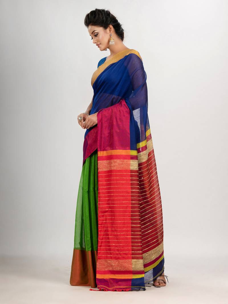 Blue & Green cotton blend half and half handloom saree