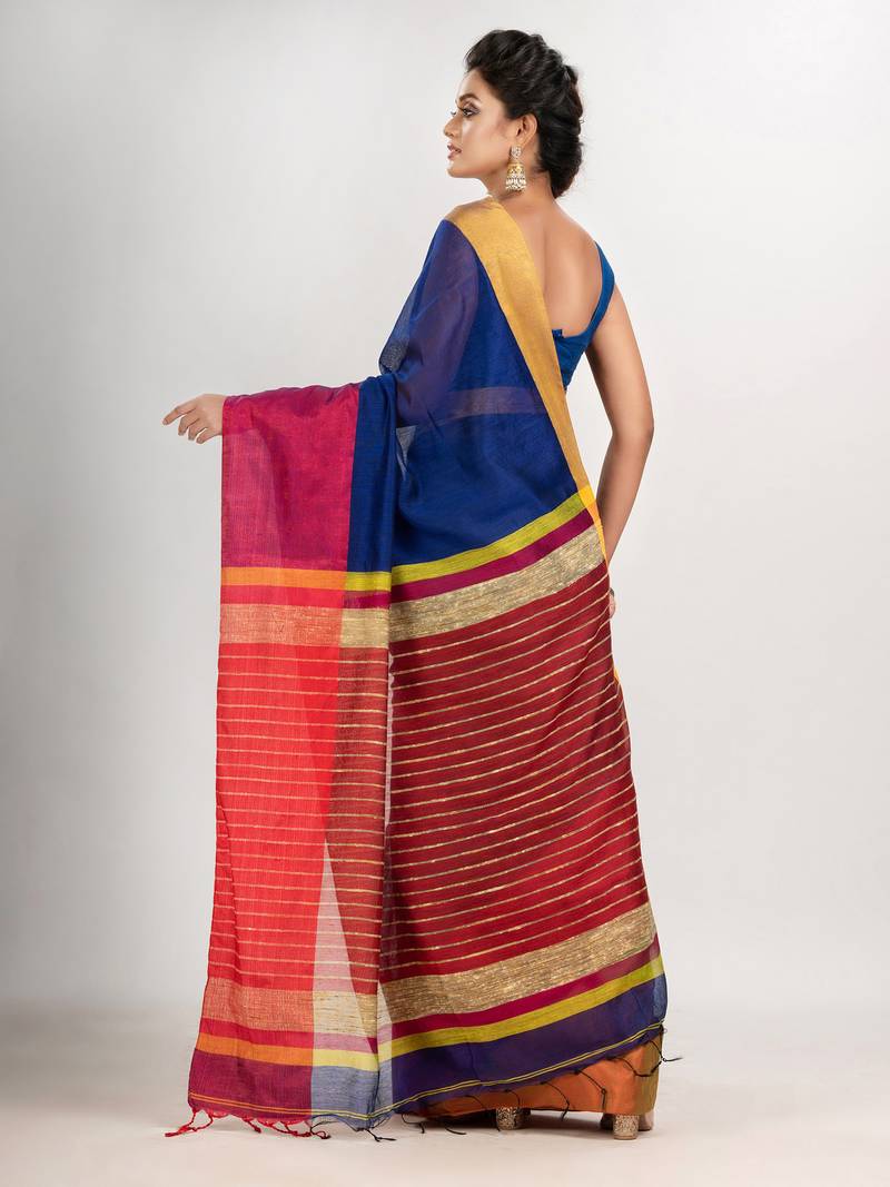Blue & Green cotton blend half and half handloom saree