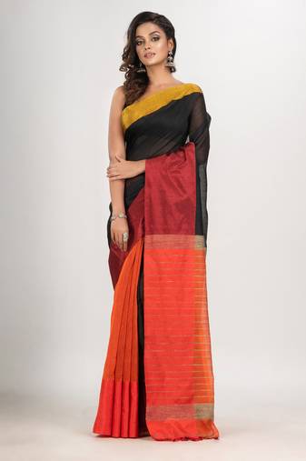 Black & Orange cotton blend half and half handloom saree