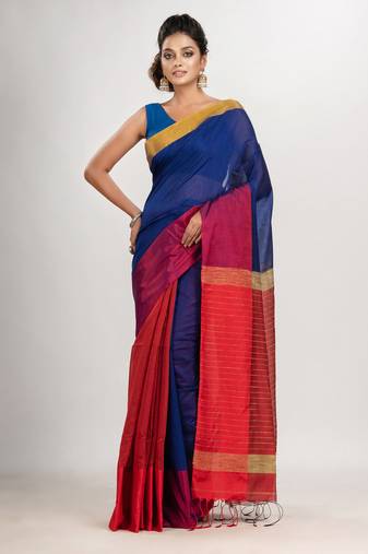 Blue & Red cotton blend half and half handloom saree