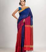 Blue & Red cotton blend half and half handloom saree