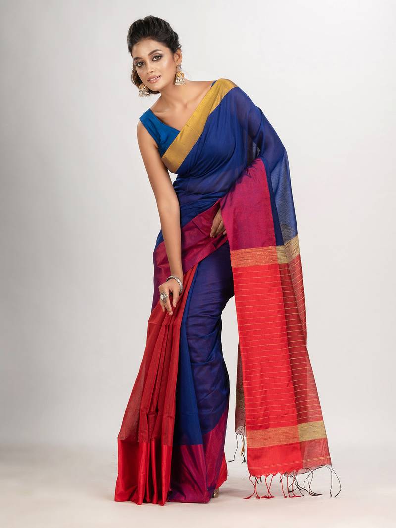 Blue & Red cotton blend half and half handloom saree