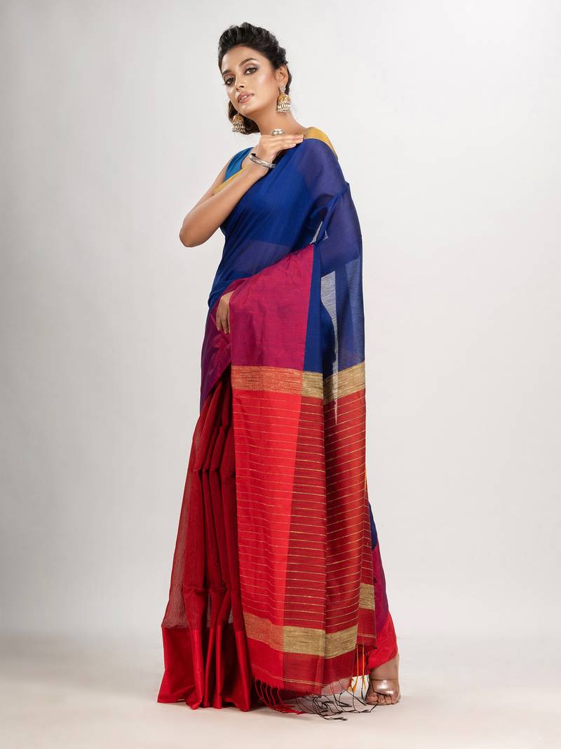 Blue & Red cotton blend half and half handloom saree