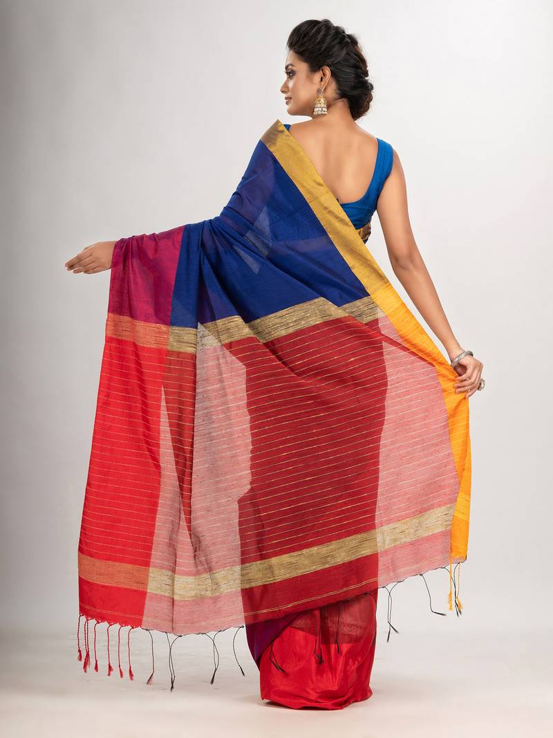 Blue & Red cotton blend half and half handloom saree