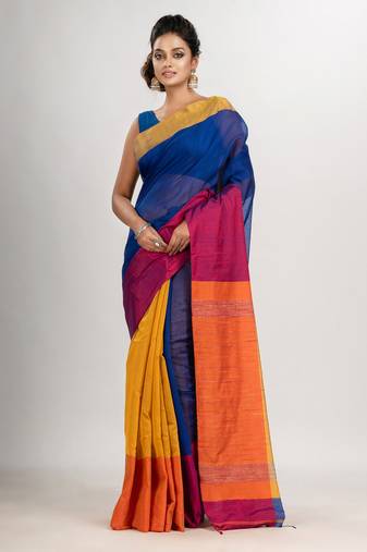 Blue & Yellow cotton blend half and half handloom saree