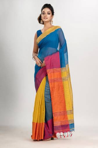 True blue & Yellow cotton blend half and half handloom saree