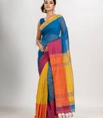 True blue & Yellow cotton blend half and half handloom saree
