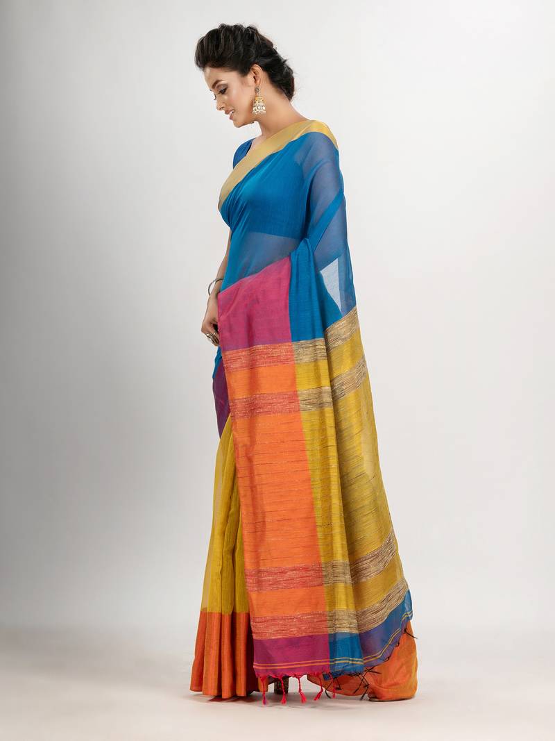 True blue & Yellow cotton blend half and half handloom saree