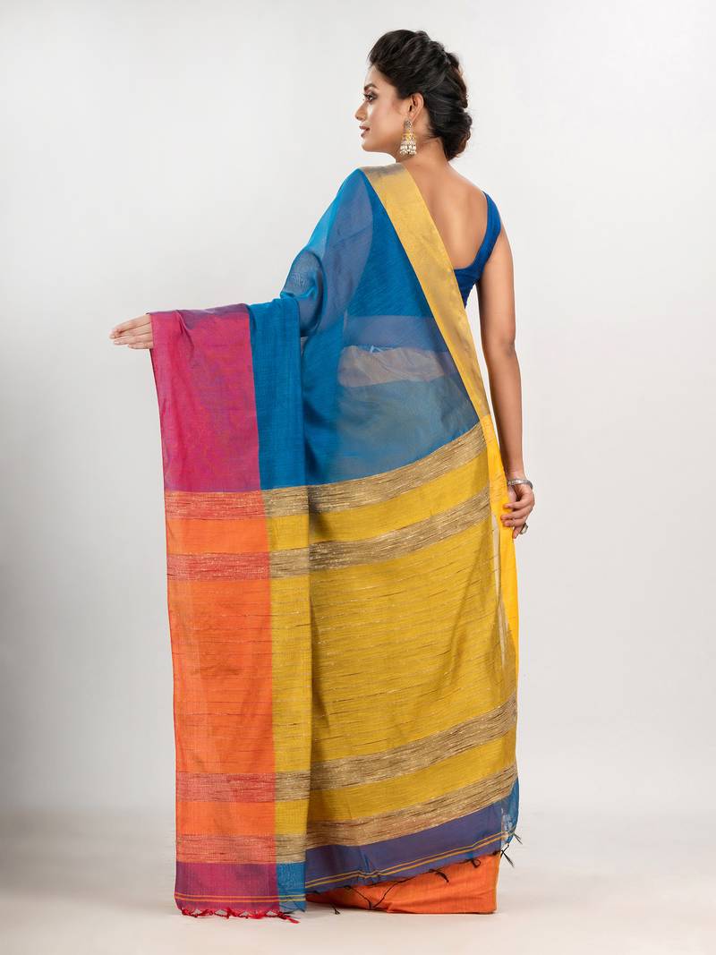 True blue & Yellow cotton blend half and half handloom saree