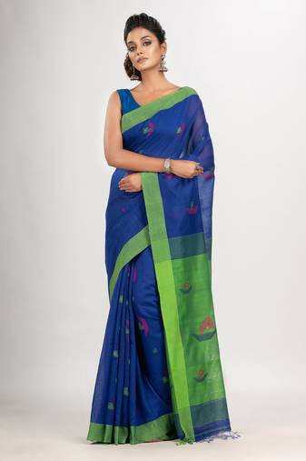 Royal blue cotton blend all body boat motive with pallu green jamdani saree