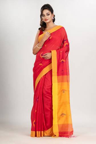 Red cotton blend all body boat motive with pallu yellow jamdani saree